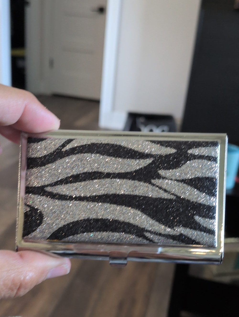 Glitter Zebra Business Card Holder With Mirror  Silver & Black